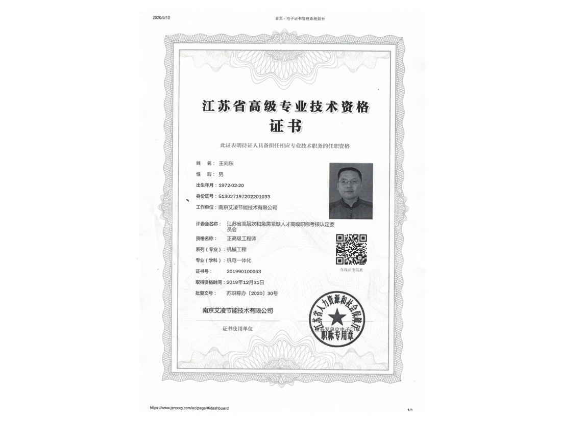 王总正高级工程师证书